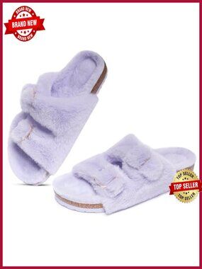 Faux Rabbit Fur Cork Slide Slippers Open Toe Double Strap